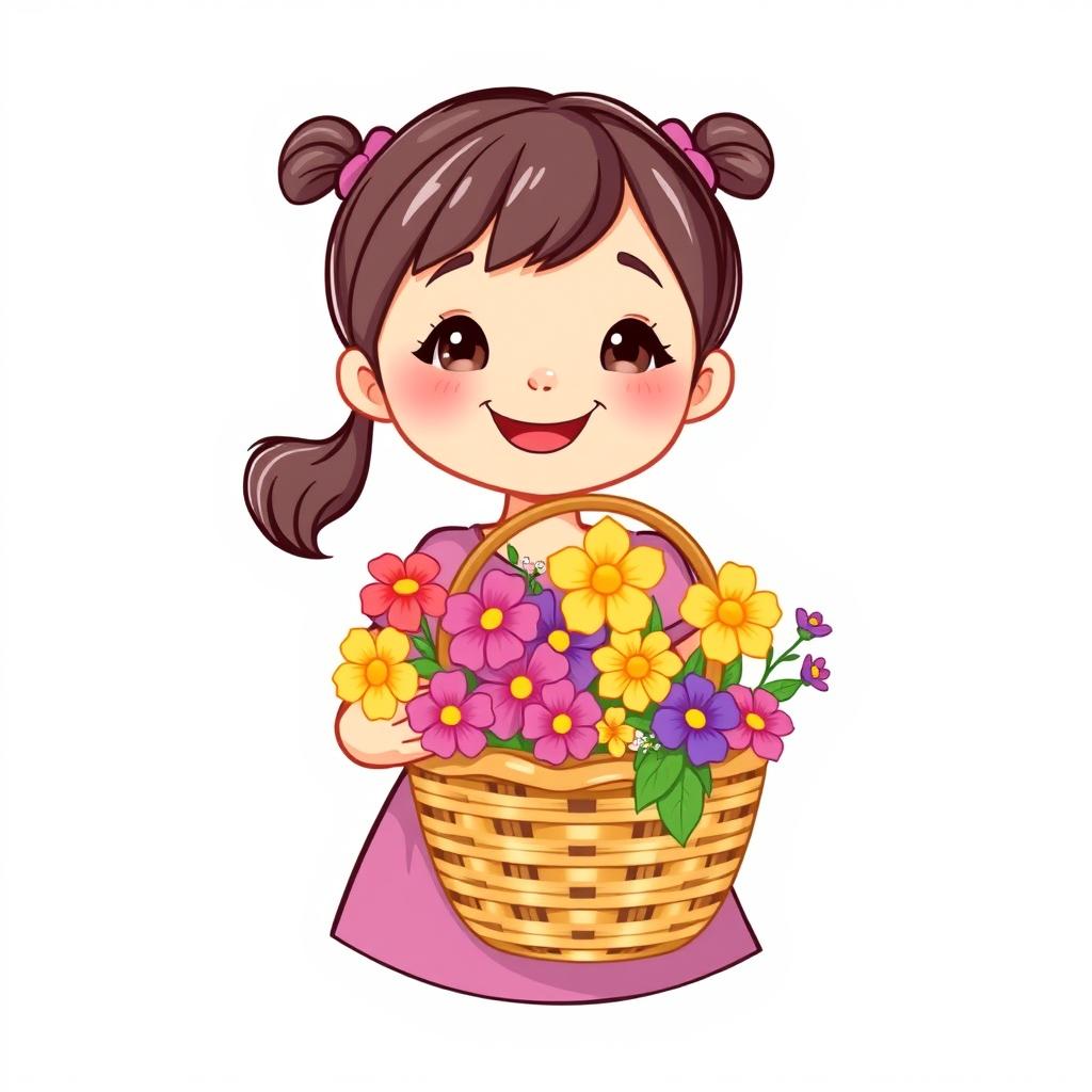 An illustration of a cheerful little girl holding a flower basket