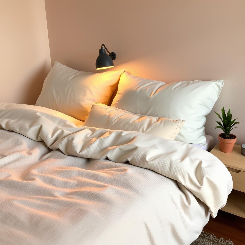 A cozy bedroom scene featuring a beautifully made bed with soft, fluffy pillows arranged neatly
