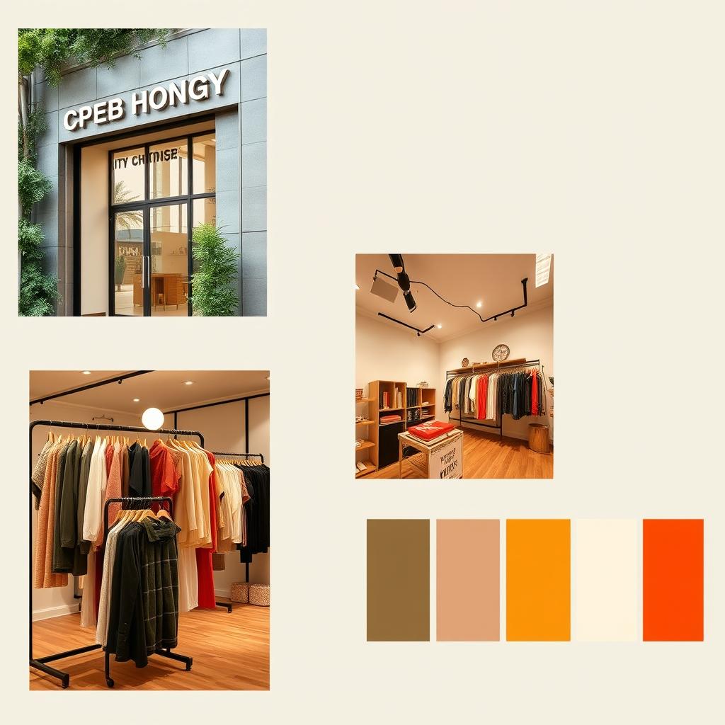 Create a mood board for a trendy clothing brand store featuring three distinct sections: 1