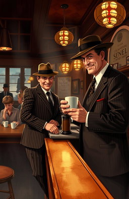 A dramatic scene depicting a gangster in a classic 1920s outfit, complete with a fedora and pinstripe suit, leaning against a vintage coffee shop counter