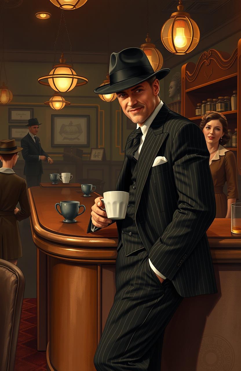 A dramatic scene depicting a gangster in a classic 1920s outfit, complete with a fedora and pinstripe suit, leaning against a vintage coffee shop counter