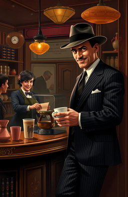 A dramatic scene depicting a gangster in a classic 1920s outfit, complete with a fedora and pinstripe suit, leaning against a vintage coffee shop counter