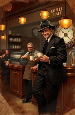 A dramatic scene depicting a gangster in a classic 1920s outfit, complete with a fedora and pinstripe suit, leaning against a vintage coffee shop counter