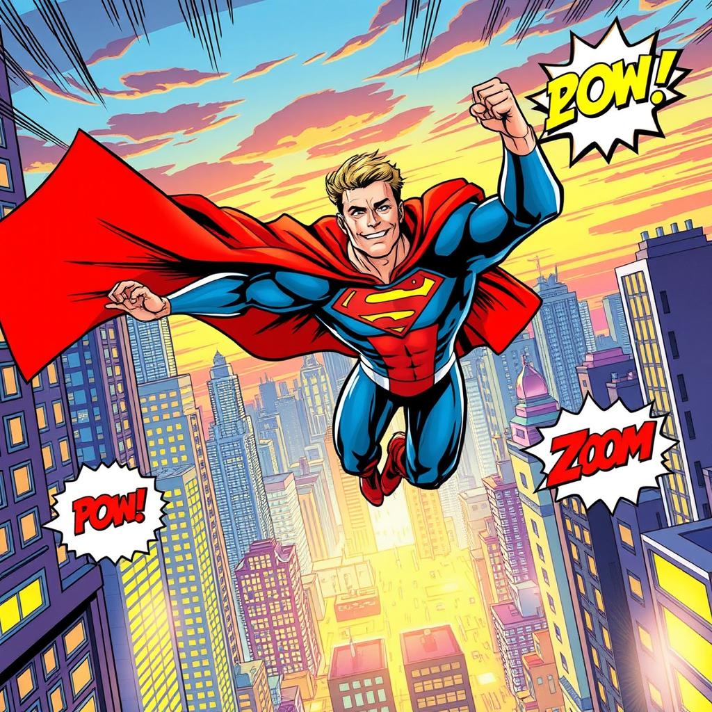 An exhilarating comic book cover featuring a superhero in action, depicted mid-flight as they soar through a vibrant city skyline
