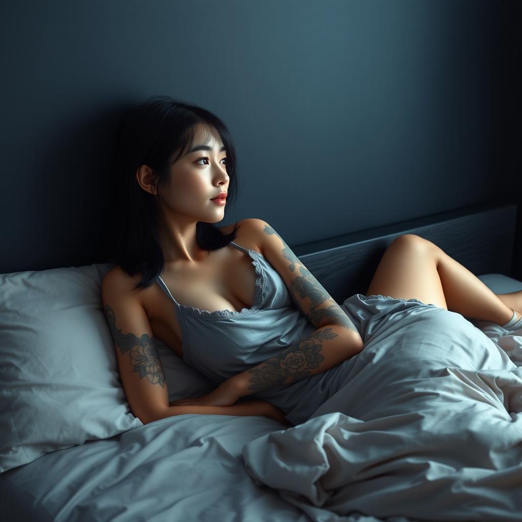 A beautiful Korean woman wearing sleepwear, lying on a comfy and soft bed with clean bedding, facing the wall while looking to the front