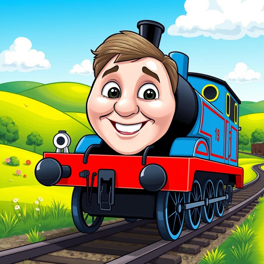 A whimsical illustration of a cartoon train resembling Thomas the Tank Engine, but with a humorous twist: the train's face is replaced with the face of a cheerful, friendly adult man, smiling broadly