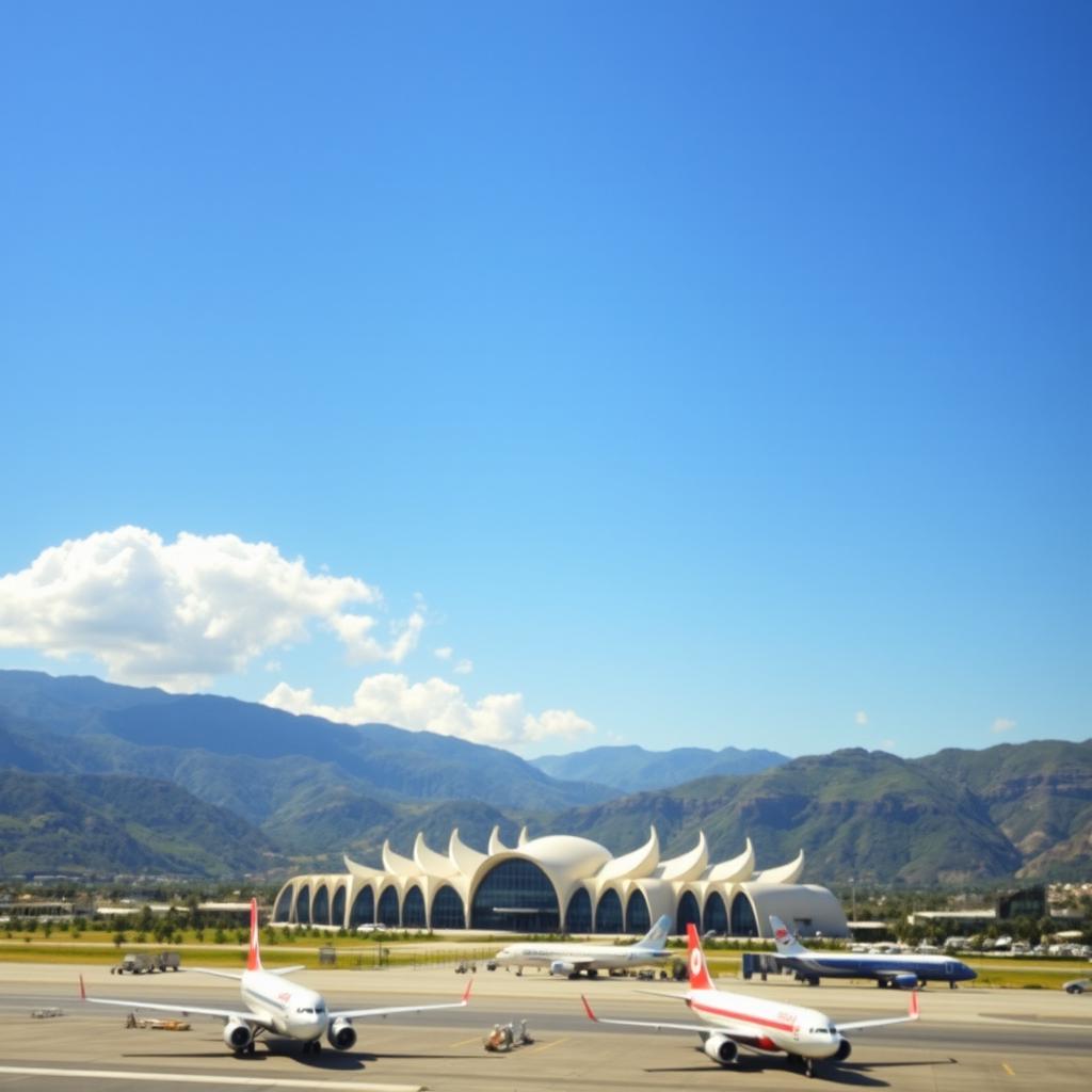 A scenic view of Qleiat Airport in Lebanon, capturing the unique architecture of the terminal building set against a clear blue sky