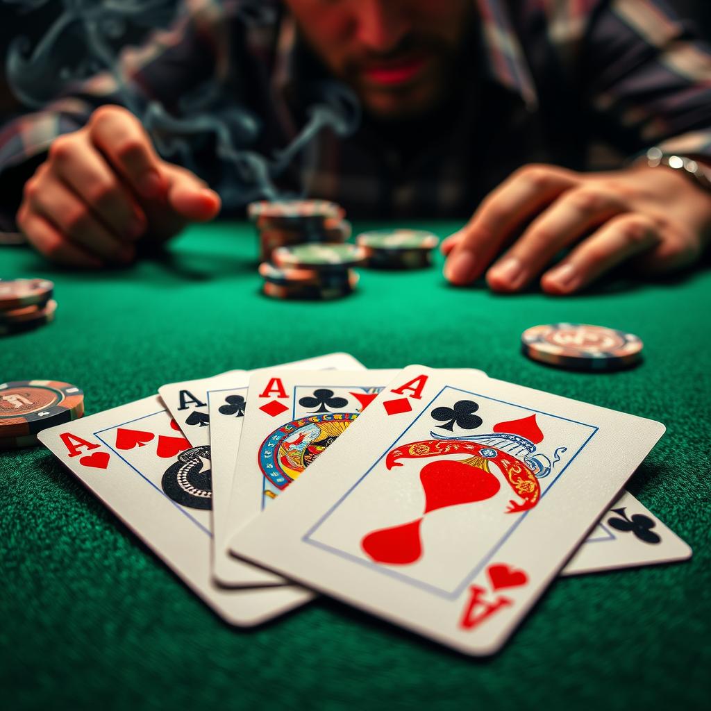 A close-up of a poker table scene featuring four poker aces spread across the green felt