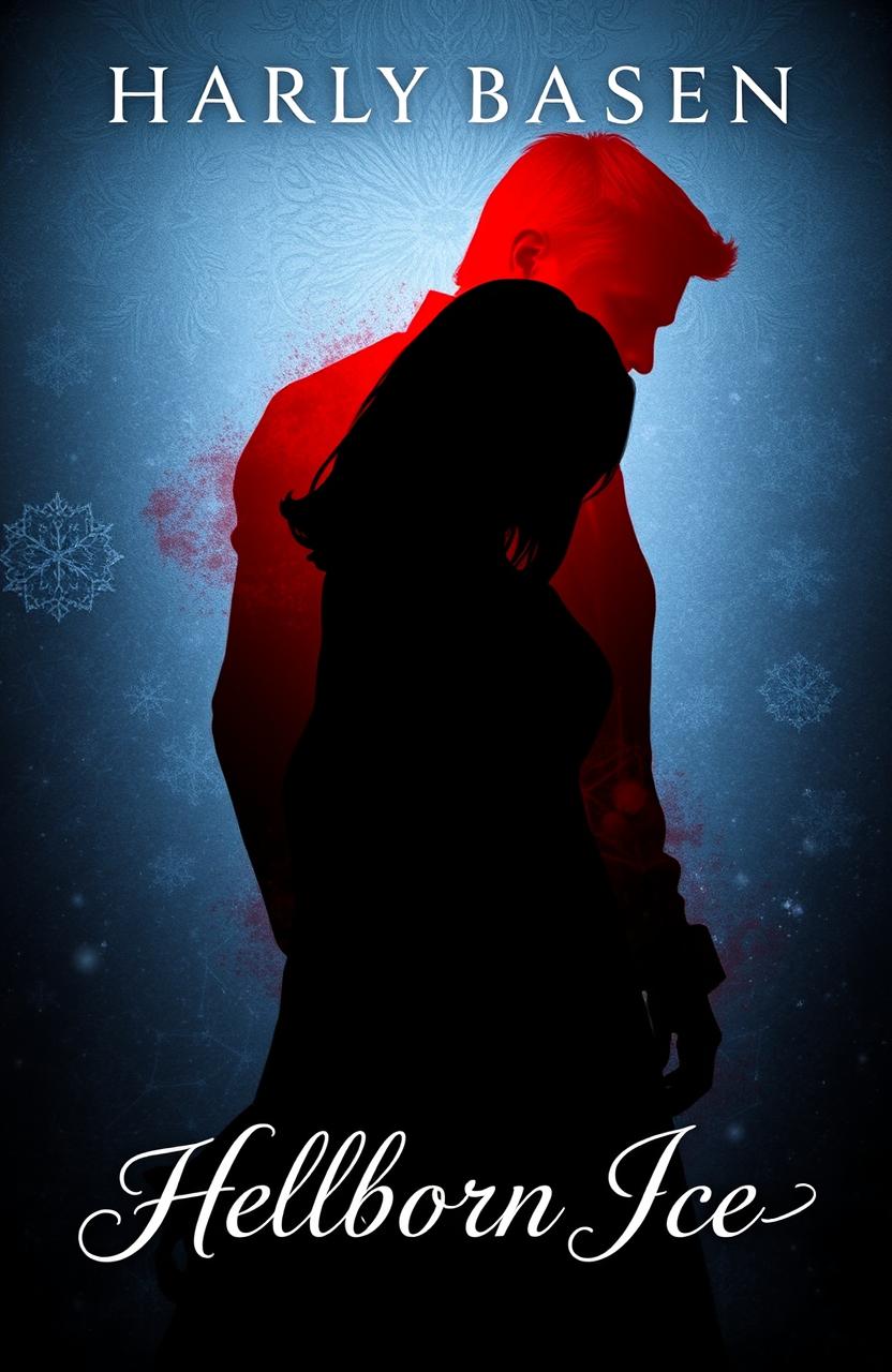 A haunting book cover for 'Hellborn Ice', featuring the silhouette of a black shadowy woman prominently in the foreground, contrasting against the vivid red shadow of a man behind her