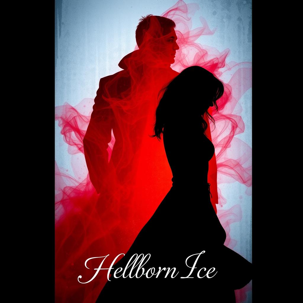 A striking book cover for 'Hellborn Ice', featuring the silhouette of a black shadowy woman in the foreground, dramatically placed in front of the fiery red shadow of a man behind her