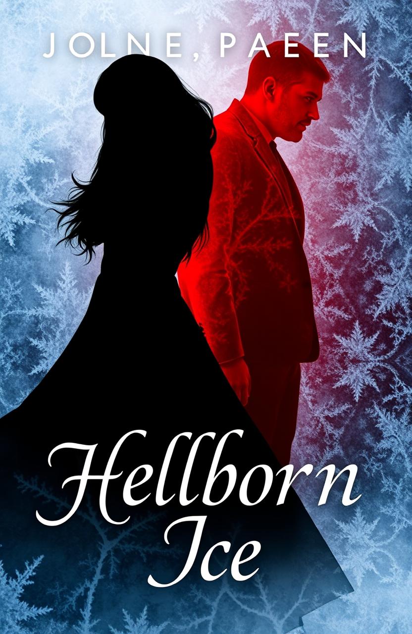 A mysterious and evocative book cover for "Hellborn Ice" featuring a black shadow silhouette of a woman in front of a contrasting red shadow silhouette of a man, symbolizing their rivalry and complex relationship