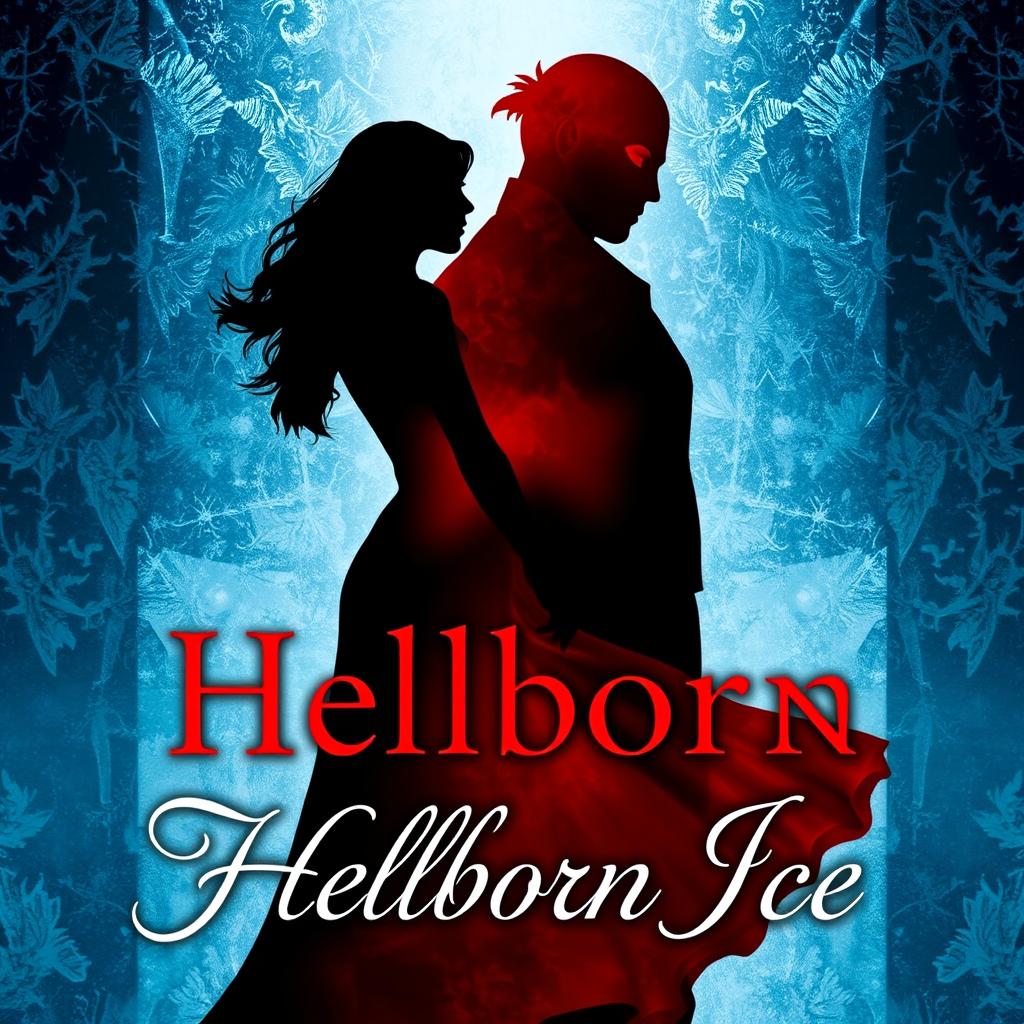 A captivating book cover design for "Hellborn Ice" featuring the black shadow silhouette of a woman positioned in front of the red shadow silhouette of a man, symbolizing their intense rivalry and evolving emotions