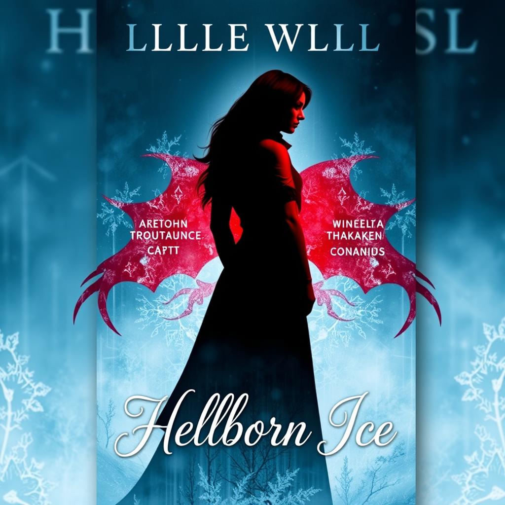 An enchanting book cover design for "Hellborn Ice" featuring the silhouette of a woman in black prominently placed in front of a silhouette of a man in red, symbolizing the deep rivalry and slow-burn romance between them