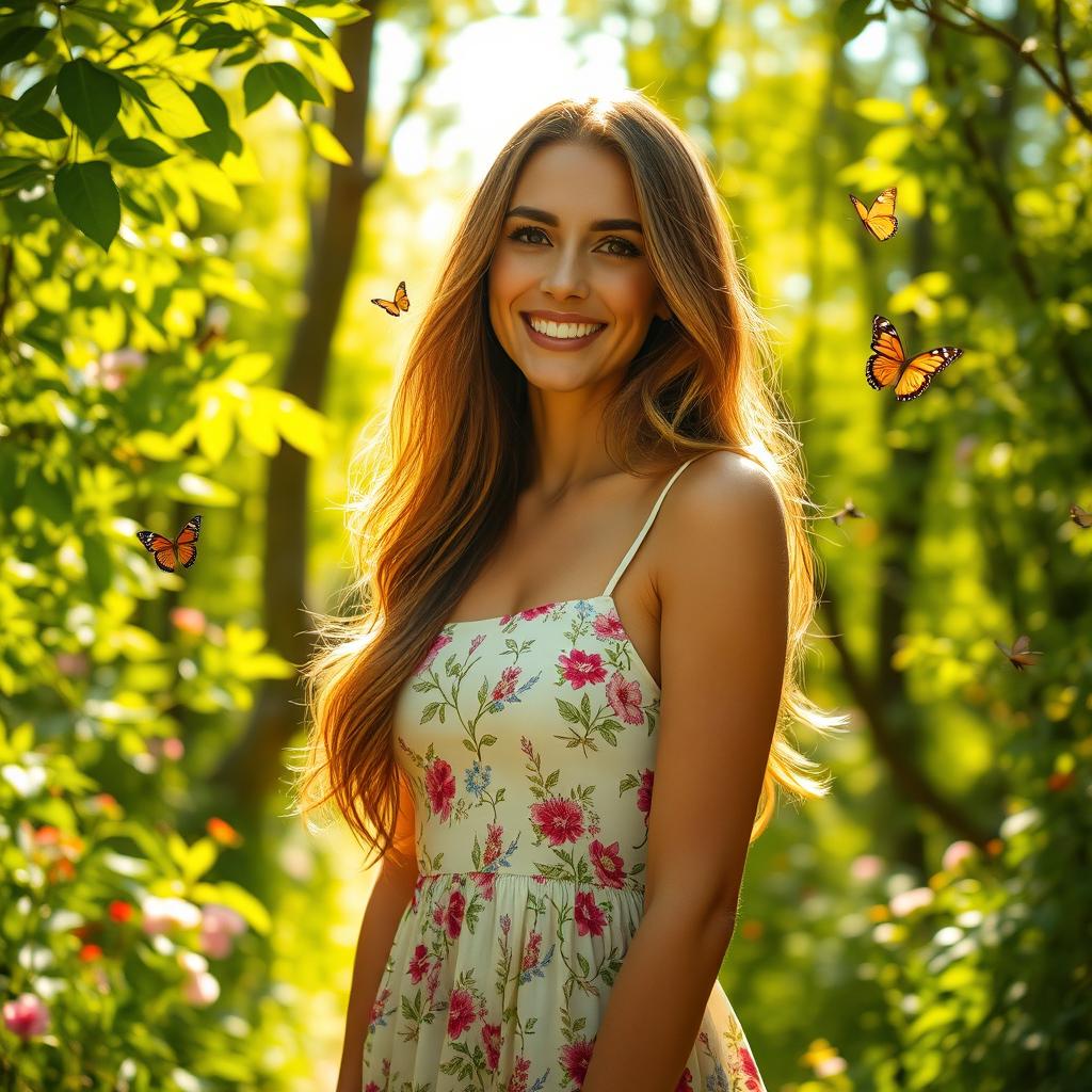 A stunning and attractive woman standing in a sunlit forest, surrounded by vibrant green trees and flowers