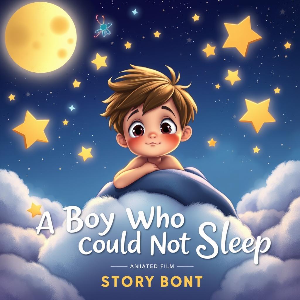A whimsical and enchanting story cover for an animated film titled 'A Boy Who Could Not Sleep'