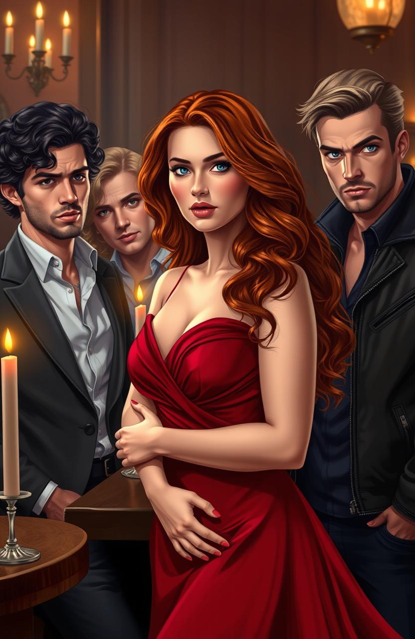 A romantic scene depicting a divorced woman in her mid-30s with long wavy auburn hair, dressed in an elegant and flowing crimson dress, caught in a love triangle with three handsome men