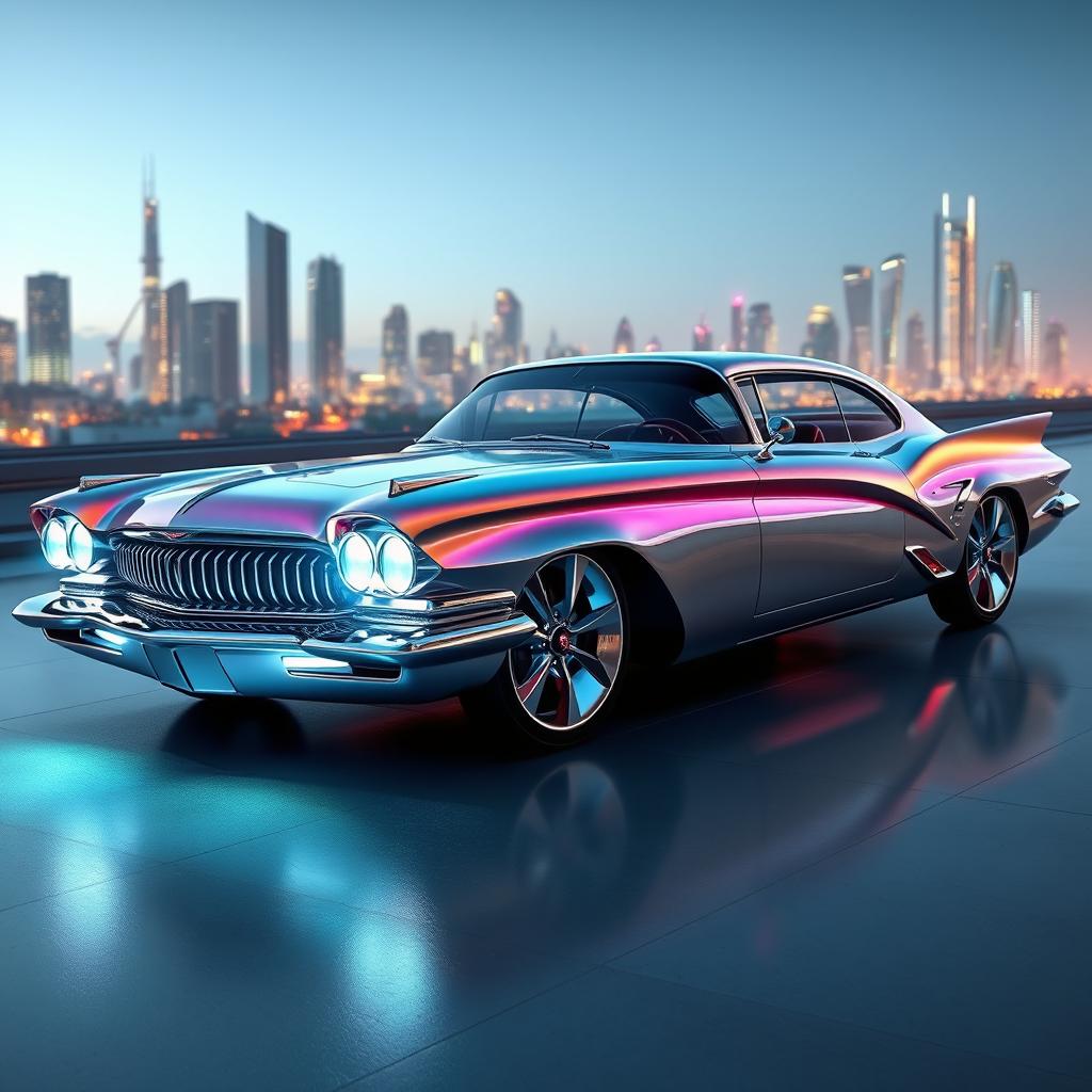 A futuristic interpretation of the 1959 Buick Electra, featuring an elongated, aerodynamic shape that incorporates sleek curves and dynamic lines, enhanced with metallic accents