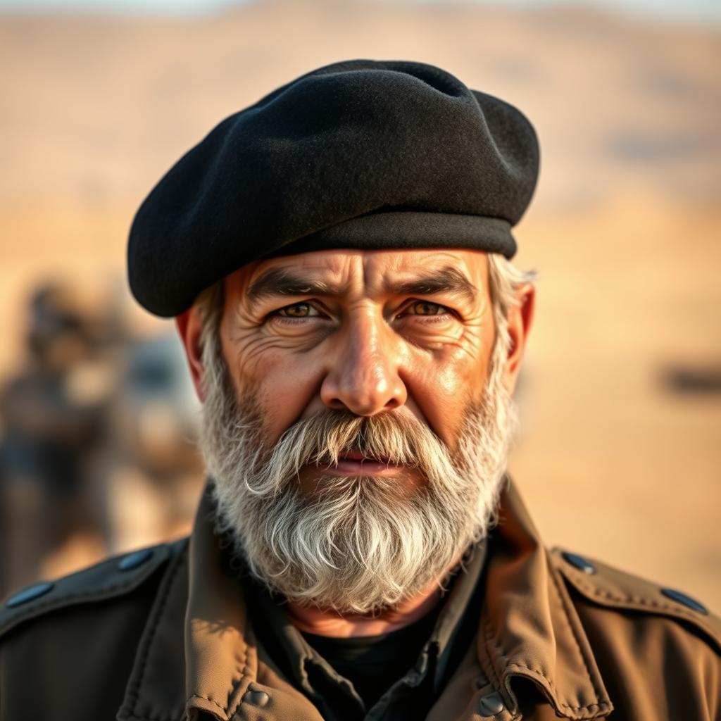 A portrait of a middle-aged Middle Eastern man with a thick, well-groomed beard, wearing a military-style jacket and a black beret
