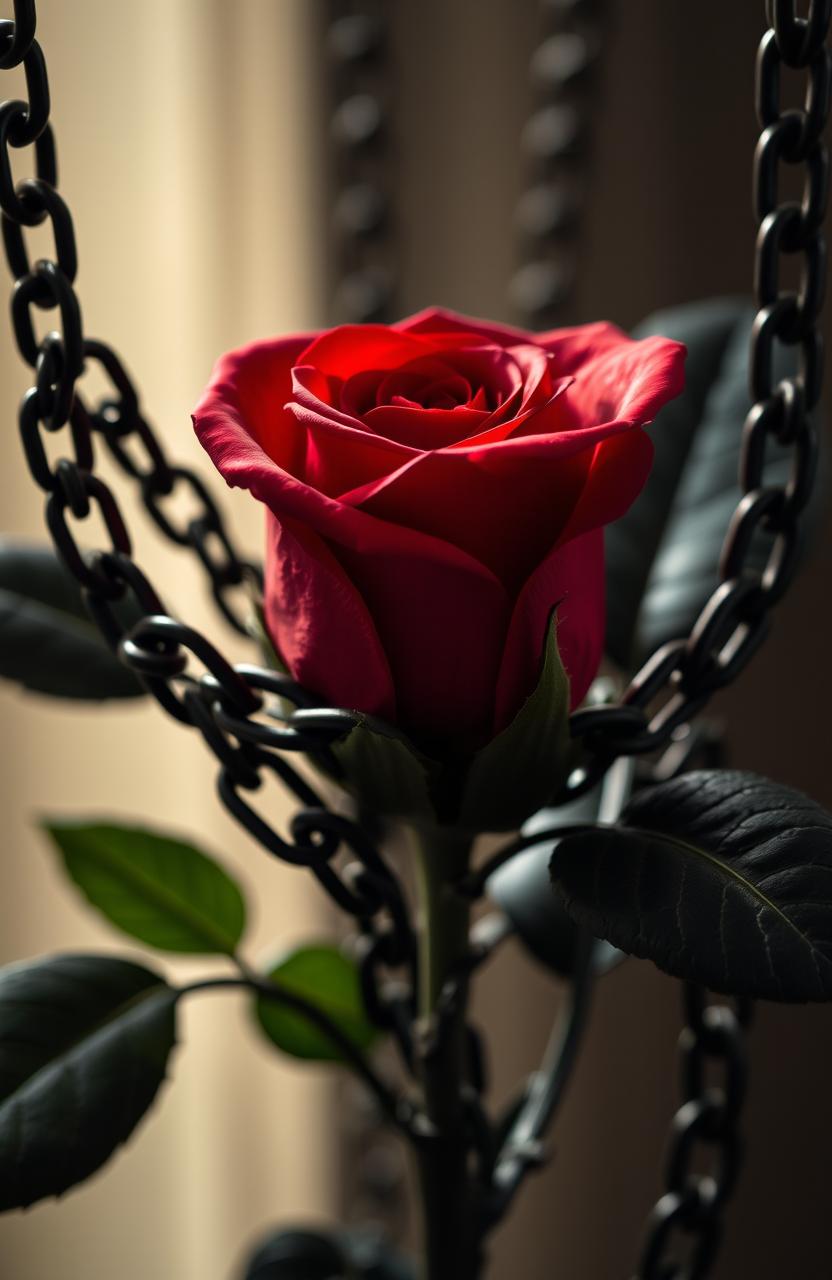 A striking close-up of a vibrant red rose at the center, surrounded by intricate black chains intertwining around the stem, and glossy black leaves adding contrast and depth