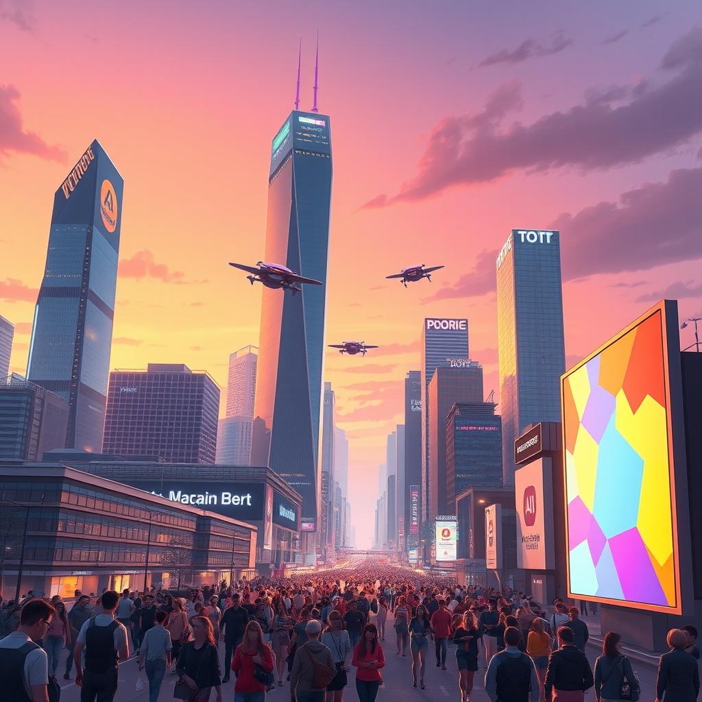 An AI-generated illustration of a futuristic city skyline at sunset, featuring sleek skyscrapers made of glass and metal, with vibrant neon lights illuminating the buildings