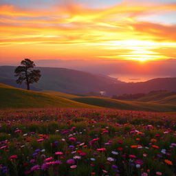 A stunning landscape of rolling hills at sunrise, with a vibrant mix of oranges, pinks, and yellows illuminating the sky