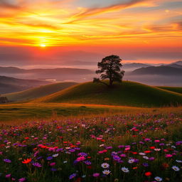 A stunning landscape of rolling hills at sunrise, with a vibrant mix of oranges, pinks, and yellows illuminating the sky