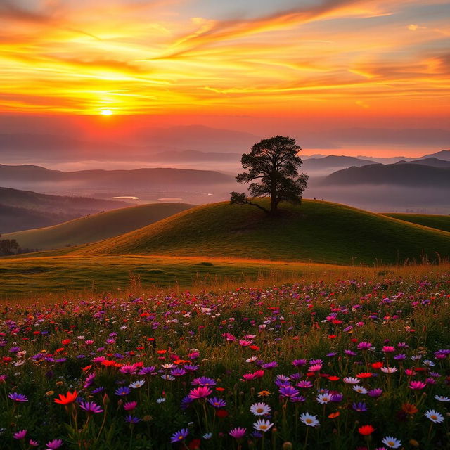 A stunning landscape of rolling hills at sunrise, with a vibrant mix of oranges, pinks, and yellows illuminating the sky