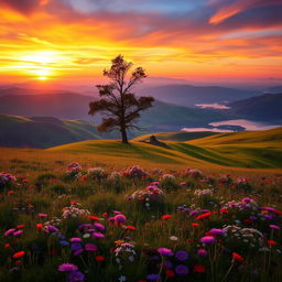 A stunning landscape of rolling hills at sunrise, with a vibrant mix of oranges, pinks, and yellows illuminating the sky