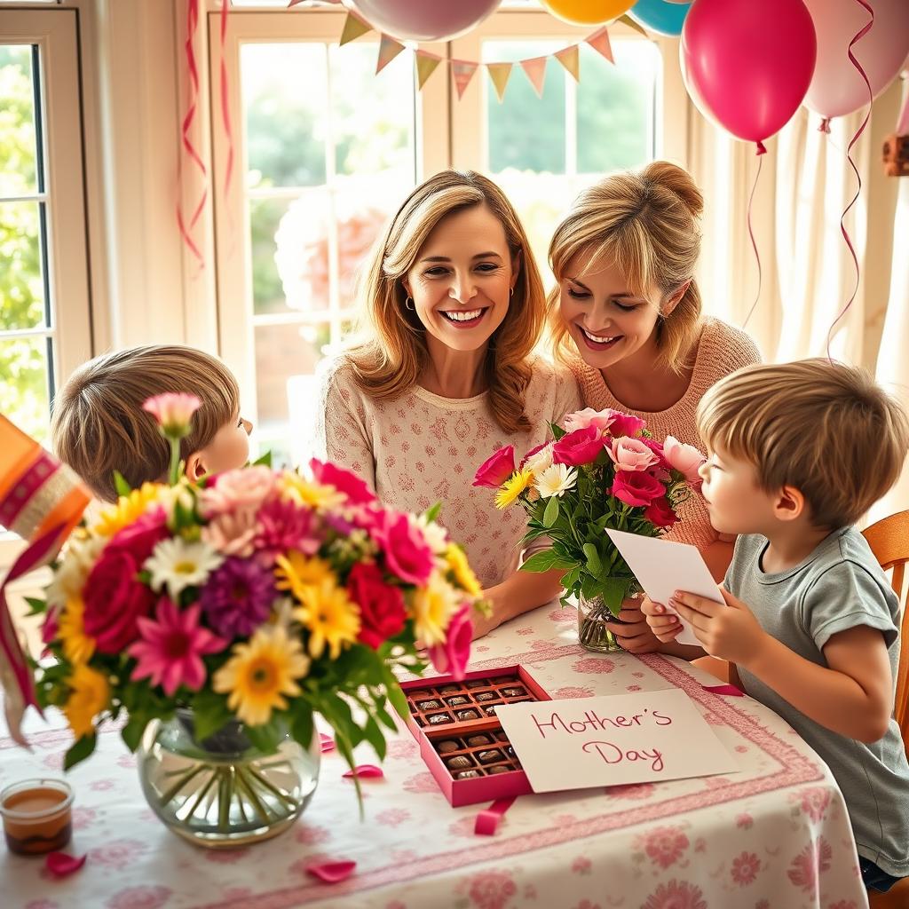 A heartfelt Mother’s Day celebration scene, featuring a beautifully decorated table with a bouquet of vibrant flowers, a box of chocolates, and a handmade card