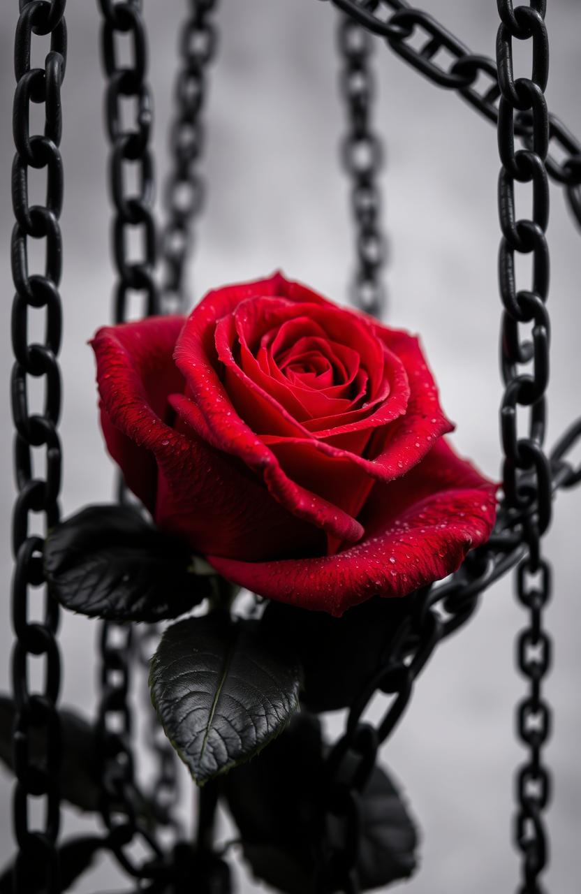 A striking arrangement featuring a vibrant red rose at the center, surrounded by intricate chains that elegantly intertwine with the flower