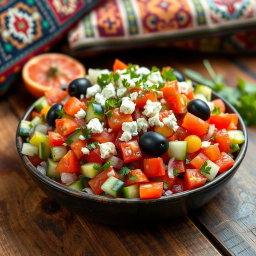 A delicious and colorful Turkish salad, featuring fresh vegetables including ripe tomatoes, cucumber, red onion, green bell peppers, and parsley, all chopped finely