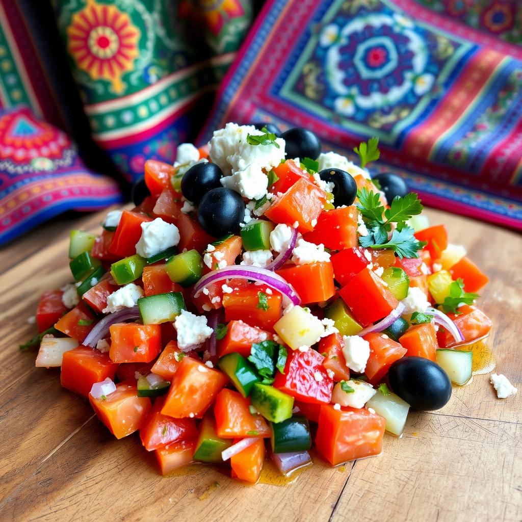 A delicious and colorful Turkish salad, featuring fresh vegetables including ripe tomatoes, cucumber, red onion, green bell peppers, and parsley, all chopped finely