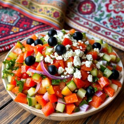 A delicious and colorful Turkish salad, featuring fresh vegetables including ripe tomatoes, cucumber, red onion, green bell peppers, and parsley, all chopped finely