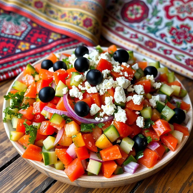 A delicious and colorful Turkish salad, featuring fresh vegetables including ripe tomatoes, cucumber, red onion, green bell peppers, and parsley, all chopped finely