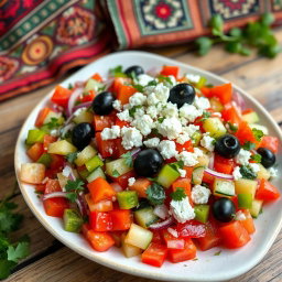 A delicious and colorful Turkish salad, featuring fresh vegetables including ripe tomatoes, cucumber, red onion, green bell peppers, and parsley, all chopped finely