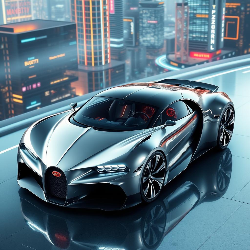 A futuristic car design inspired by the Bugatti Type 57, featuring sleek, aerodynamic lines that emphasize speed and innovation