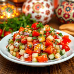 An inviting presentation of Armenian salad, vibrant and colorful, featuring fresh ingredients like diced tomatoes, cucumbers, bell peppers, and red onions