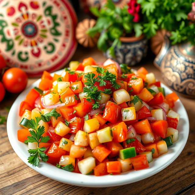An inviting presentation of Armenian salad, vibrant and colorful, featuring fresh ingredients like diced tomatoes, cucumbers, bell peppers, and red onions