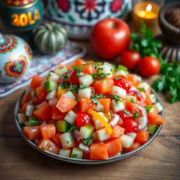 An inviting presentation of Armenian salad, vibrant and colorful, featuring fresh ingredients like diced tomatoes, cucumbers, bell peppers, and red onions