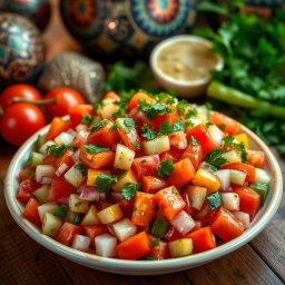 An inviting presentation of Armenian salad, vibrant and colorful, featuring fresh ingredients like diced tomatoes, cucumbers, bell peppers, and red onions