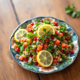 A vibrant and colorful Armenian tabbouleh dish, beautifully arranged on a decorative plate