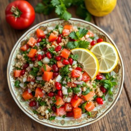 A vibrant and colorful Armenian tabbouleh dish, beautifully arranged on a decorative plate