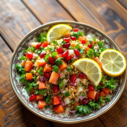 A vibrant and colorful Armenian tabbouleh dish, beautifully arranged on a decorative plate