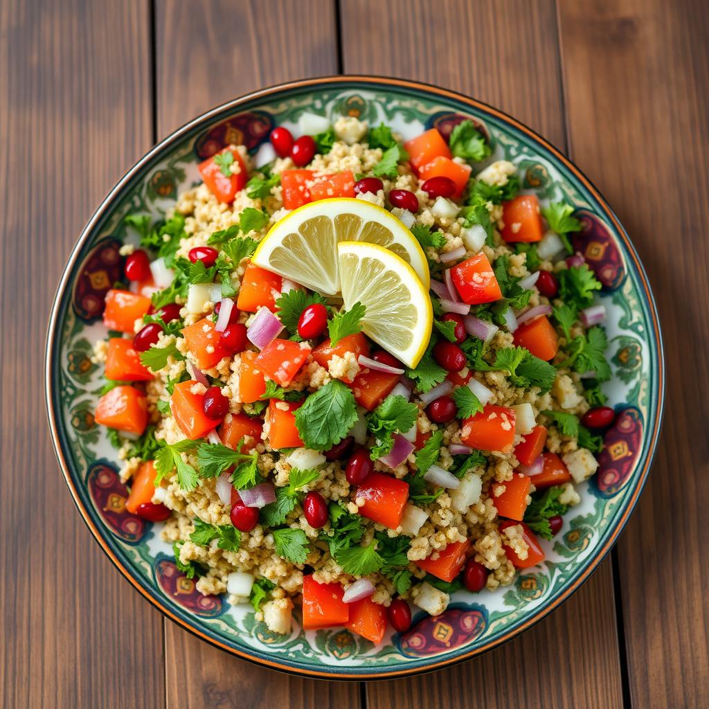 A vibrant and colorful Armenian tabbouleh dish, beautifully arranged on a decorative plate