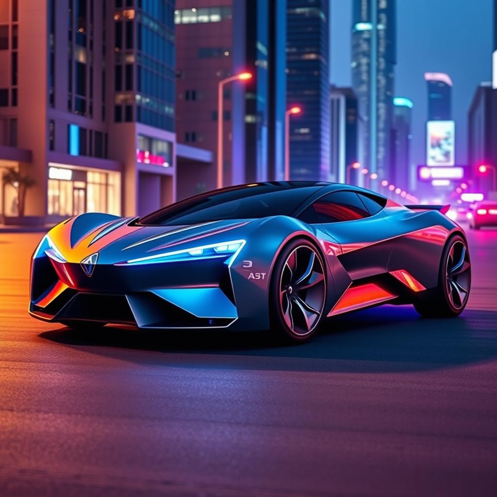 A futuristic interpretation of the Alpine A310 sports car, maintaining its iconic features such as the sloping roofline, distinct triangular shape, and aggressive front fascia