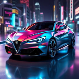 A futuristic car design inspired by the Alfa Romeo Giulietta 60, featuring a sleek and aerodynamic shape with advanced technology elements