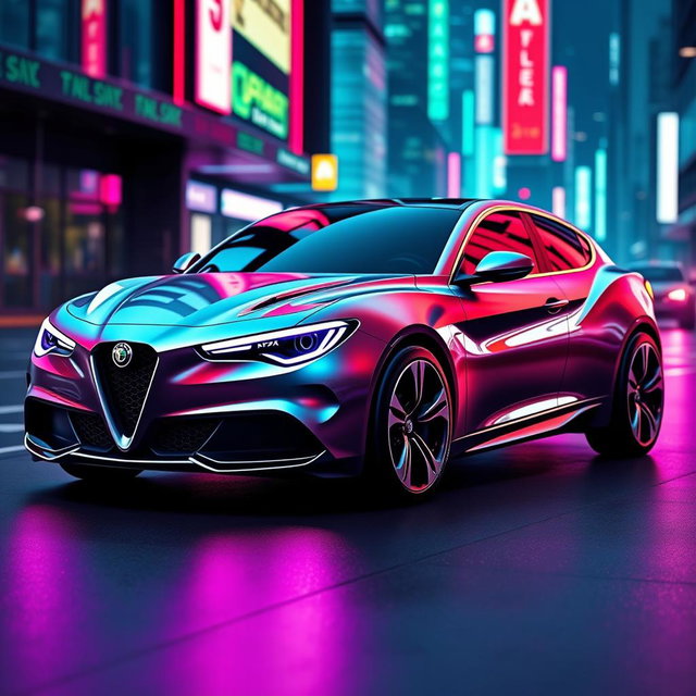 A futuristic car design inspired by the Alfa Romeo Giulietta 60, featuring a sleek and aerodynamic shape with advanced technology elements