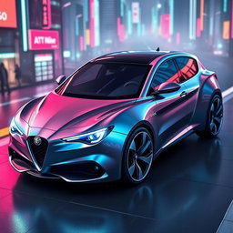 A futuristic car design inspired by the Alfa Romeo Giulietta 60, featuring a sleek and aerodynamic shape with advanced technology elements
