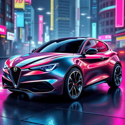 A futuristic car design inspired by the Alfa Romeo Giulietta 60, featuring a sleek and aerodynamic shape with advanced technology elements