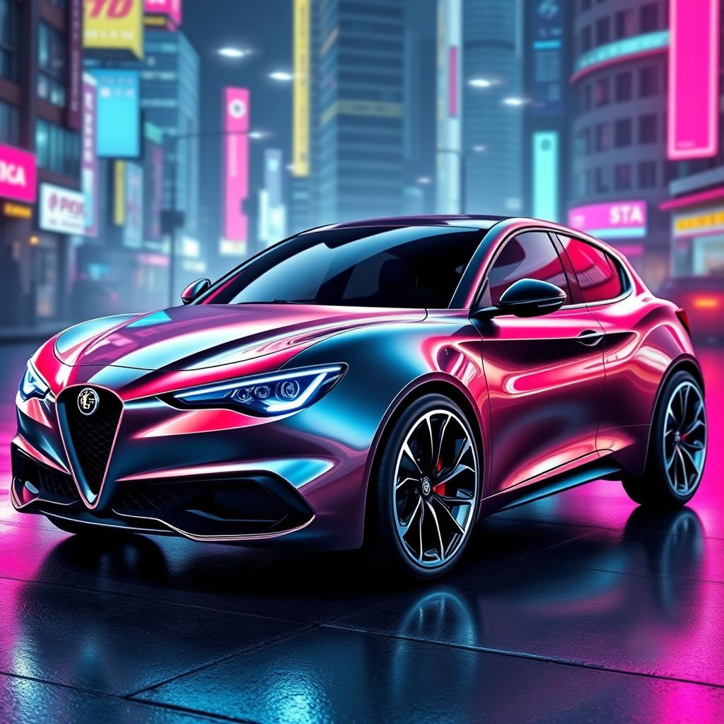 A futuristic car design inspired by the Alfa Romeo Giulietta 60, featuring a sleek and aerodynamic shape with advanced technology elements